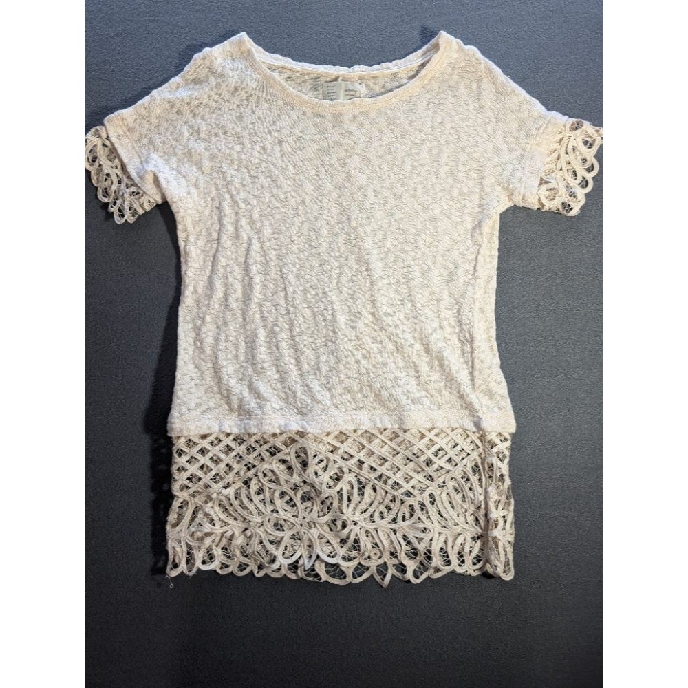 Saturday Sunday Womens M Ivory Crochet Lace Hem Short Sleeve Boho Festival Top